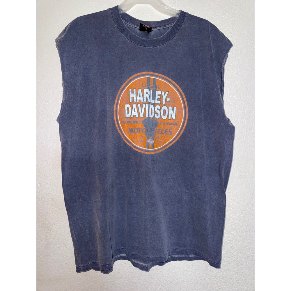 Vintage Harley Davidson Mens Sleeveless Muscle T-Shirt Blue Gray Large USA Made
